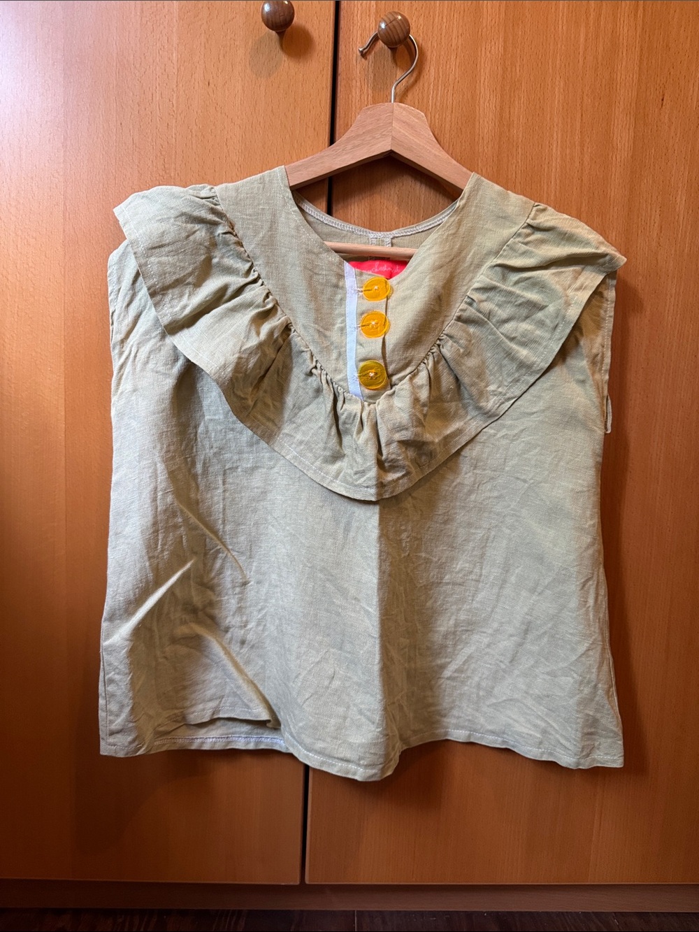 Ruffled V-Neck Linen Blend Blouse in Sage Green